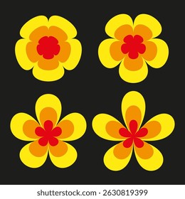 Yellow flower icon. Orange red petals. Abstract floral shape. Vector blossom graphic.