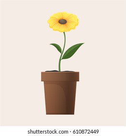 Yellow flower with leaves in pot isolated on beige background. Indoor plant for house decoration and as leisure activity of home gardening vector illustration. Natural interior element for coziness.