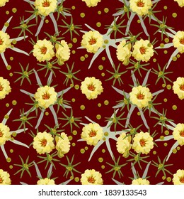 Yellow flower with leaves. Vector realistic seamless pattern Purslane flower, terry, close-up on a burgundy dark contrasting background for wallpaper, fabric, textile, wrapping paper design