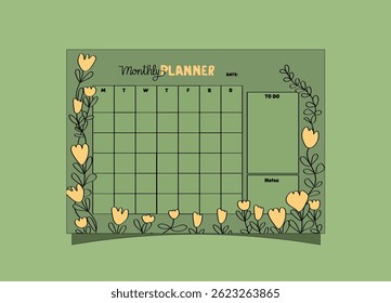 yellow flower monthly planner template. Planner for daily and weekly organizing.