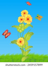 Yellow flower on field with multi colored butterflies flying around it. Vector illustration.