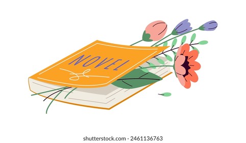 Yellow flower on history textbook 2D cartoon objects. Literature for students learning and flora line vector elements white background