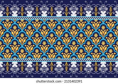 Yellow Flower on Navy Blue, White Geometric ethnic oriental pattern traditional Design for background,carpet,wallpaper,clothing,wrapping,Batik,fabric, vector illustration embroidery style.