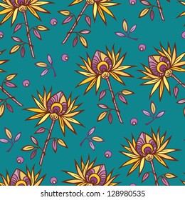 Yellow flower on turquoise background seamless floral pattern. Bright colorful vector illustration.