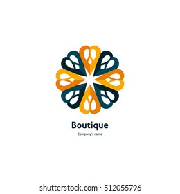 Yellow flower for organic products, cosmetics. Circular logo in the form of roses. Bright and juicy logotype for boutique, flower shop emblem, element. Kaleidoscope big bud. Surround abstract blossom.