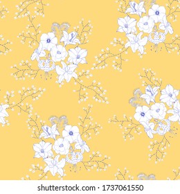 Patrón de flores amarillas con ramos de lirios. Dibujo vectorial transparente para tejido y embalaje.