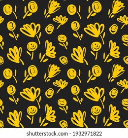 Yellow Flower Pattern - Seamless Black and Yellow Vector Background