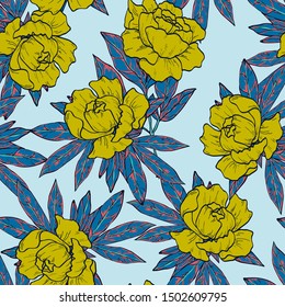 Yellow Flower Peony Vector Seamless Pattern. Floral Background Watercolor Rose Illustration.
