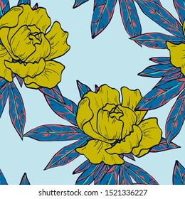 Yellow Flower Peony Vector Seamless Pattern. Floral Background Watercolor Rose Illustration.