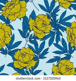 Yellow Flower Peony Vector Seamless Pattern. Floral Background Watercolor Rose Illustration.
