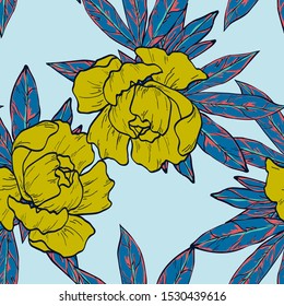 Yellow Flower Peony Vector Seamless Pattern. Floral Background Watercolor Rose Illustration.