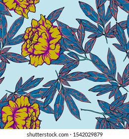 Yellow Flower Peony Vector Seamless Pattern. Floral Background Watercolor Rose Illustration.