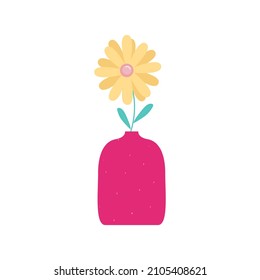 Yellow flower in a pink vase. clip-art isolated on white background. Sticker, sticker, decor for Valentine's day, birthday. Vector illustration, hand drawn, doodle