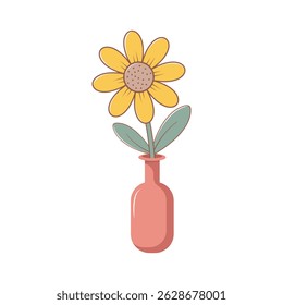 Yellow flower in pink vase, Flat cartoon icon, Vector illustration on white background