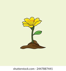 Yellow Flower Plant Grow In Ground Soil Illustration Vector On Light Green Background