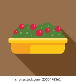 Yellow flower pot with a green bush and red berries growing in it, flat design icon with long shadow