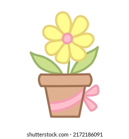 Yellow Flower In A Pot With Ribbon. Eco Gift. Cartoon Style. Hand Drawn Vector Illustration Isolated On White Background.