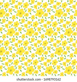 Yellow flower seamless pattern, cute tiny blossom for fabric, fashion textile, feminine print, fresh summer or spring desor, bright plant ornate, romantic. Beautiful vector art. Retro style bouquet 