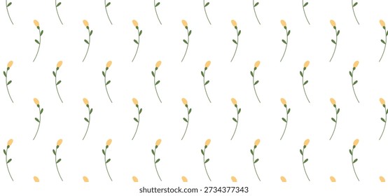 Padrão sem Costura de Flores Amarelas com Ramos Botânicos Delicados. Mão desenhada Ilustrações vetoriais