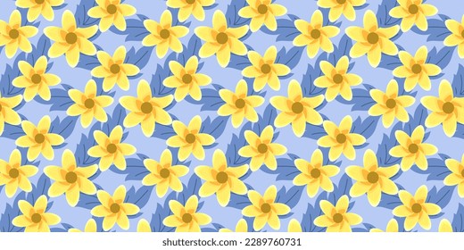 Yellow flower seamless pattern on blue background. Fill pattern on swatches