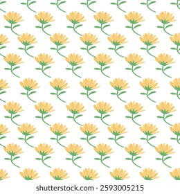 Yellow Flower Seamless Pattern on White Background, Repeating Yellow Blossom Pattern for Fabric and Crafts, Cute Yellow Floral Pattern - Digital Paper for Scrapbooking, Hand-Drawn Style Yellow Flower 