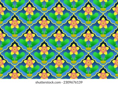 Yellow Flower Seamless Pattern.  Vector ethnic pattern design for fabric, tile, carpet, embroidery, wallpaper and background