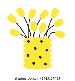 Yellow flower set in vase. Ceramic yellow glass vase with black polka dot pattern. Cute flowers icon. Pottery Glass decoration. Modern abstract aesthetic art. White background. Flat design. Vector