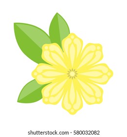 YELLOW flower with three green leaf on the white background