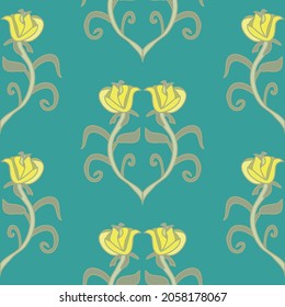 Yellow flower vector art repeat pattern on a turquoise blue backdrop in a n aft nouveau inspired design