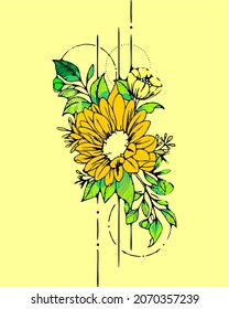 Yellow flower. yellow flower vector. Green leaves. Illustration. Vector. Background. Art. Plant 