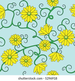 Yellow flower and vines repeating seamless pattern