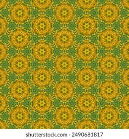 Yellow flowers are arranged in a circle in a bouquet. Features a green background of leaves. Gives a feeling of excitement, cheerfulness, and brightness.