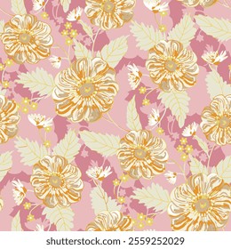 yellow flowers arranged on a beige background. floral pattern textile design