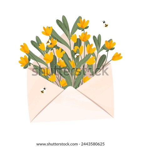 Yellow flowers. Bees. Envelope. Plants. Vector illustration of an envelope with flowers for Mother's Day. Greetings for the holiday