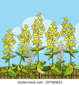 Yellow flowers behind fence in summer day. Perfect illustration for greeting cards, postcards, cover books.