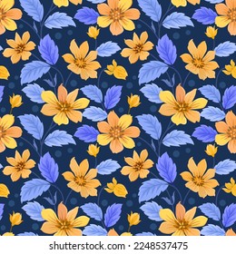 Yellow flowers with blue leaf seamless pattern on blue color background.
