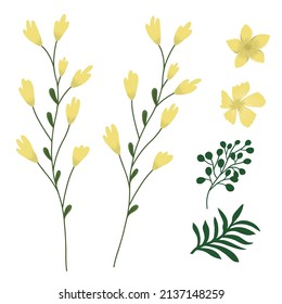 Yellow flowers and branches green. Set vector illustration