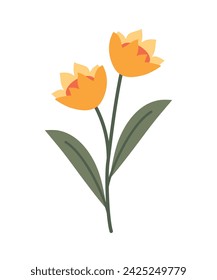 Yellow flowers in cartoon style, hand-drawn. There are two buds with green leaves on a long stem. Vector illustration for color icons, invitations, cards, logo. EPS 10