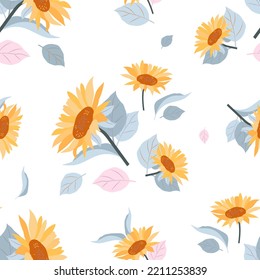 Yellow flowers with colorful leaves on a white background. Seamless vector pattern with sunflowers. EPS 10.