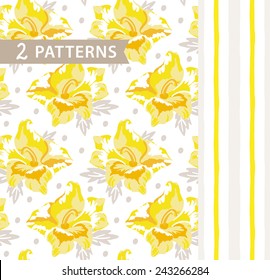 Yellow flowers, dots and stripes. 2 seamless patterns.