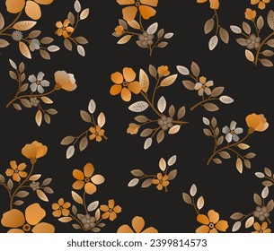 Yellow flowers, floral cottage core style pattern design on black background.