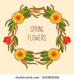 Yellow flowers floral doodle botanical cute vector border frame design element for birthday wedding or other event decoration
