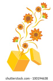 yellow flowers flying from yellow box  summer party vector