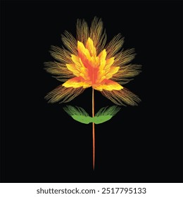 Yellow flowers are geometric shapes arranged in lines.