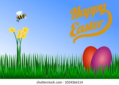 Yellow flowers in the grass with bees, Happy Easter and spring time illustration