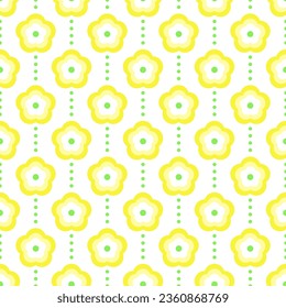 Yellow flowers and green dots on white background. Vector seamless pattern. Best for textile, wallpapers, home decoration, digital paper, package and your design.