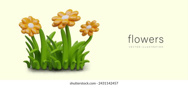 Flores amarillas en hierba fresca verde. Composición de vector 3D sobre fondo amarillo