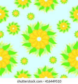 Yellow flowers with green petals on a blue background. seamless pattern