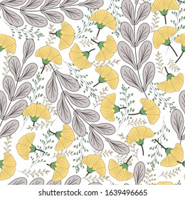Yellow flowers and grey leaves on the white background. Vector seamless pattern. Design for fabric, card, print, wrapping. 