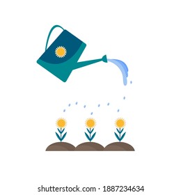 Yellow flowers grow in the ground. Water is pouring from a green watering can. The concept of caring for plants, watering flowers or developing gardening. Vector image. Flat style.